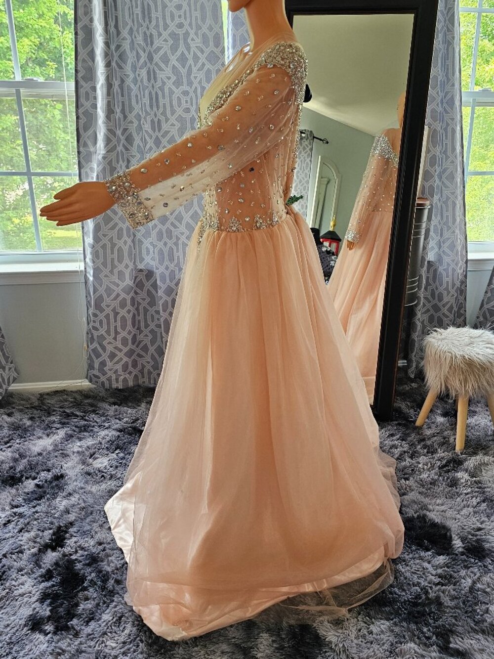 Rhinestone‑Embellished Peach Sheer‑Sleeve Gown - Picture 3 of 8